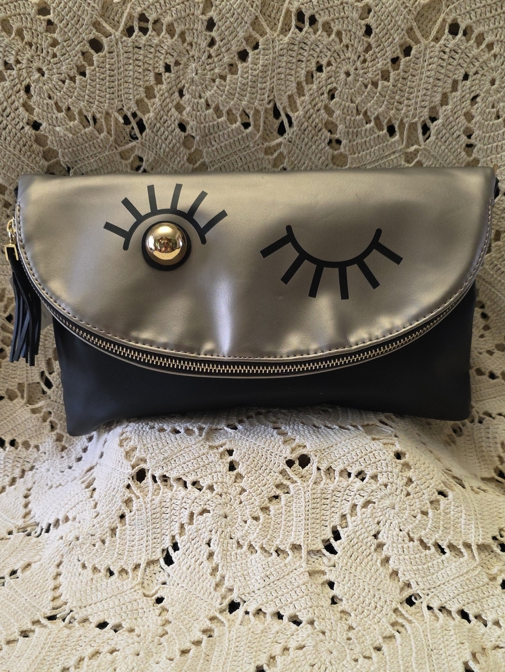 Neiman Marcus Metallic/Black Eyelash Foldover Clutch w/Removable Shoulder Strap